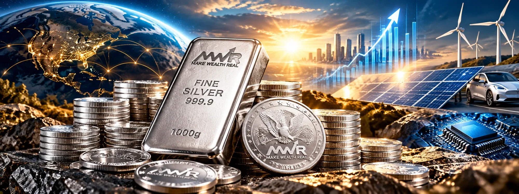 An MWR fine silver bar and coins in front of a glowing globe, a rising market chart, solar panels and an electric car